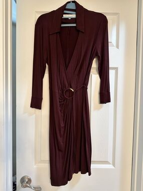 Trina Turk Burgundy Long Sleeve Wrap Dress with Ring Detail